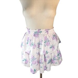 LoveShackFancy Satin Tiered Mini Skirt Sz XS Blush Pink with Purple Roses EUC